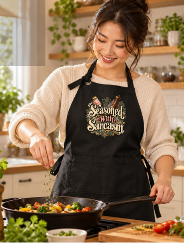 Woman cooking in a kitchen while wearing the Seasoned With Sarcasm apron